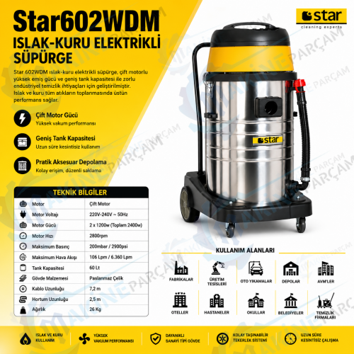 Star 55/2WDM Islak-Kuru Elektrikli Süpürge | Profesyonel Çift Motorlu Sanayi Tipi Vakum