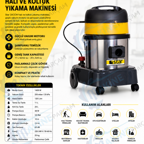 Star 20CCM Halı ve Koltuk Yıkama Makinesi | Profesyonel Şampuanlı Temizlik Makinesi