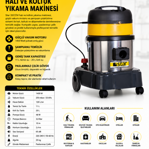 Star 20CCM Halı ve Koltuk Yıkama Makinesi | Profesyonel Şampuanlı Temizlik Makinesi